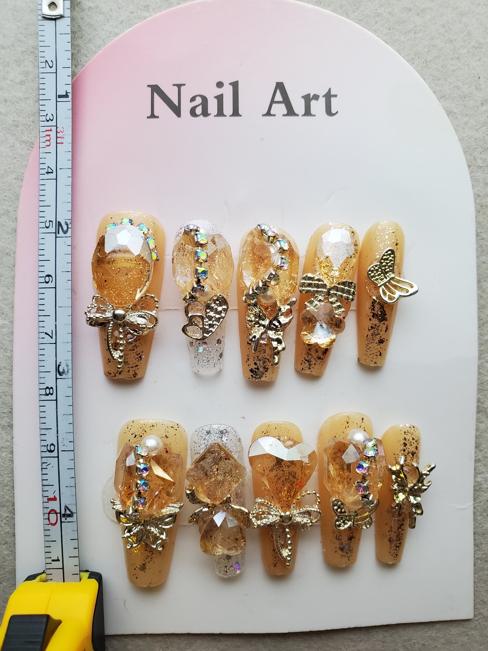 🍑 Peach Nectar Opulence | 3D Crystal Press-On Nails